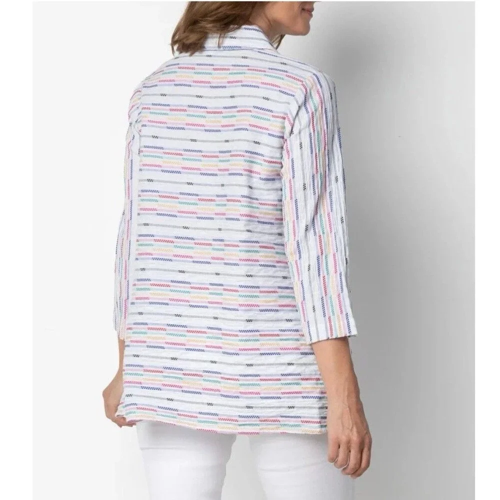 Habitat Shirt Wrap Around Fiesta Weave Tunic Top White Striped M Party Brunch - Picture 2 of 9